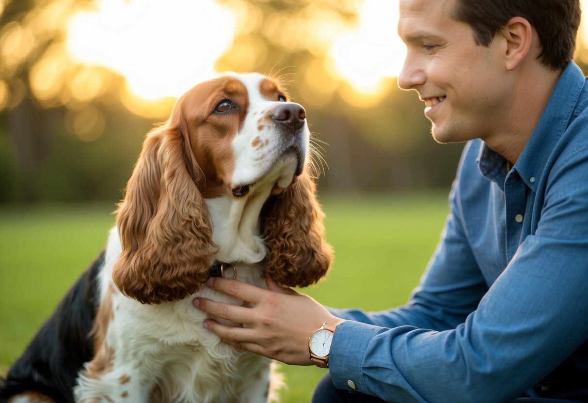 A cocker spaniel sitting by the side of a person, gazing up at them with adoring eyes. The person is petting the dog, showing a strong bond between them