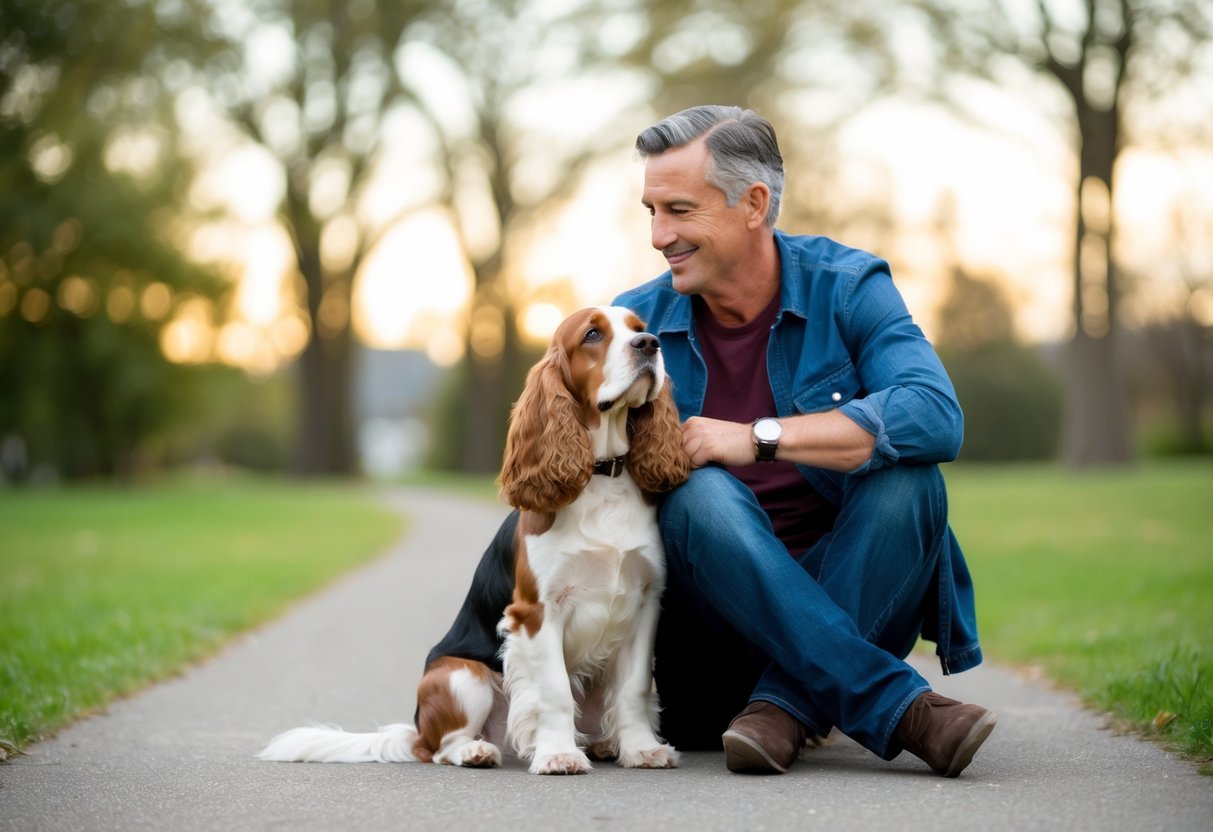 A Cocker Spaniel sitting by the side of their owner, wagging their tail and looking up at them with adoring eyes