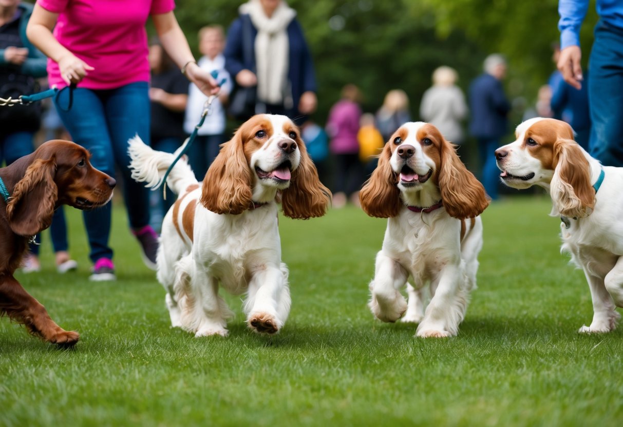 Two cocker spaniels playing in a park, interacting with other dogs and people. They show friendly and sociable behavior, wagging their tails and approaching strangers with curiosity