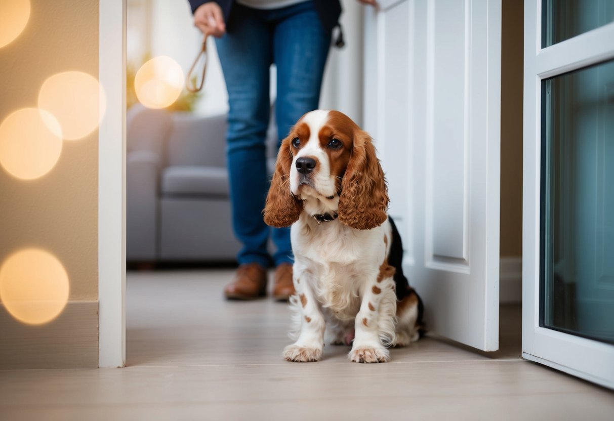 A cocker spaniel anxiously waits by the door, pawing and whining as its owner prepares to leave