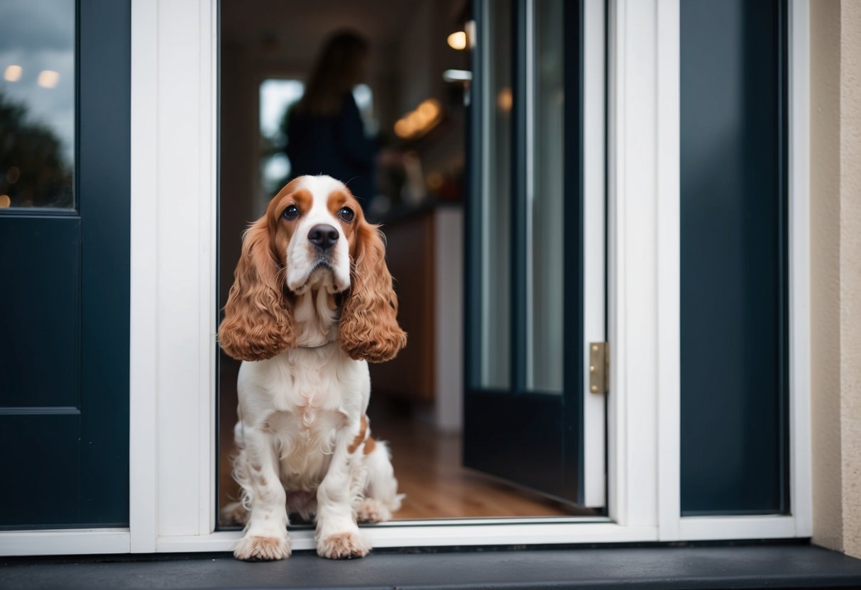 A cocker spaniel sitting by the door, looking longingly out the window as its owner leaves the house