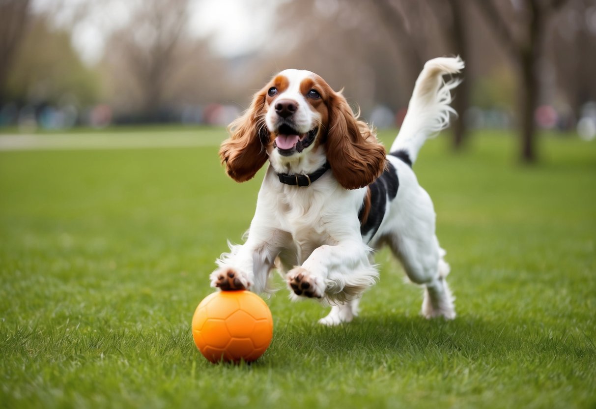 A cocker spaniel playing with a ball in a grassy park, wagging its tail and showing excitement