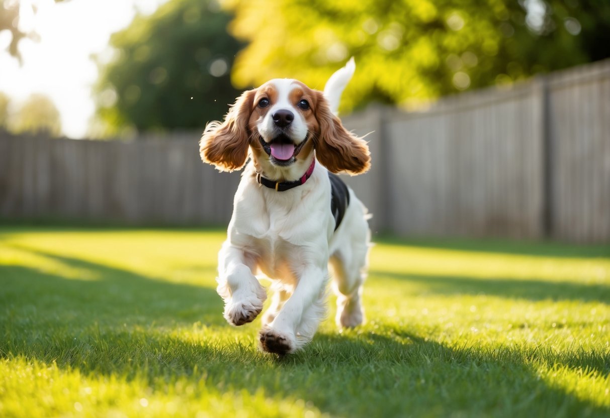 A happy Cocker Spaniel playing in a sunny backyard, wagging its tail and running around with a joyful expression