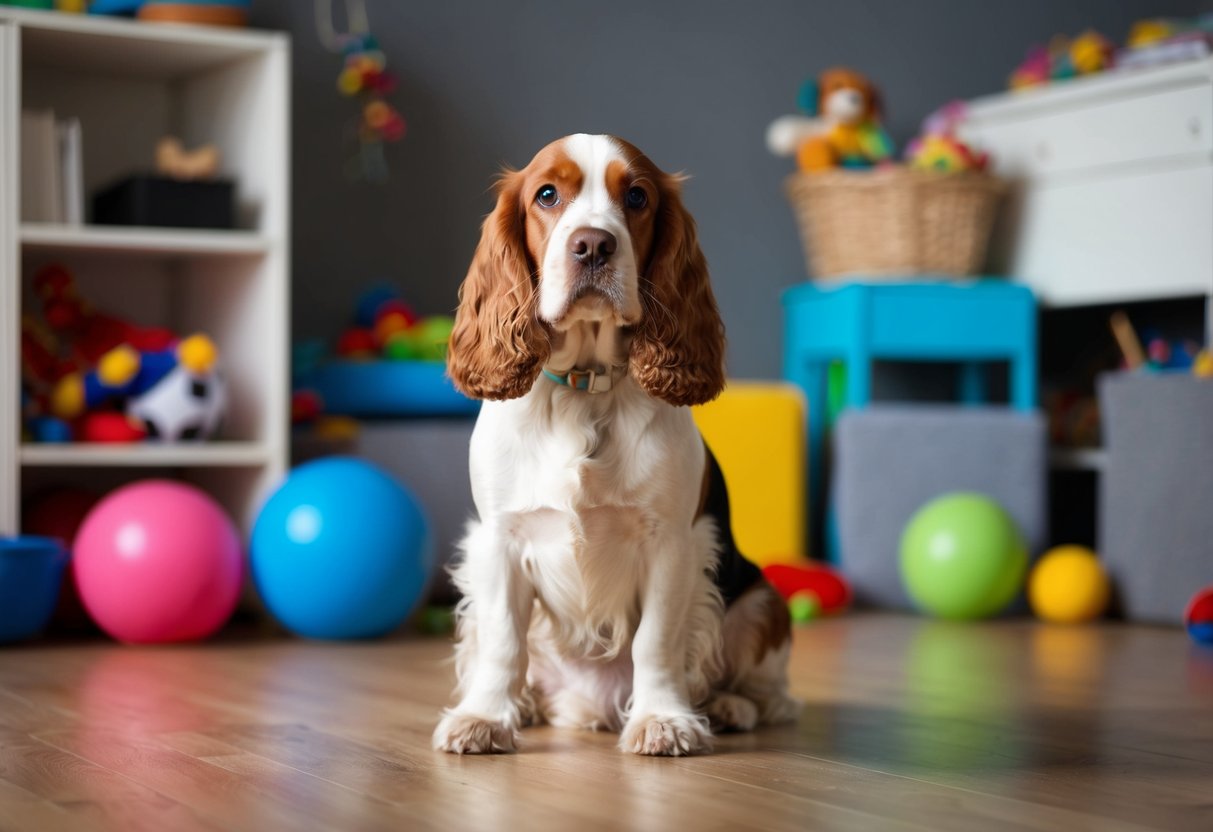 A cocker spaniel sitting alone in a cluttered, noisy room with no toys or familiar objects