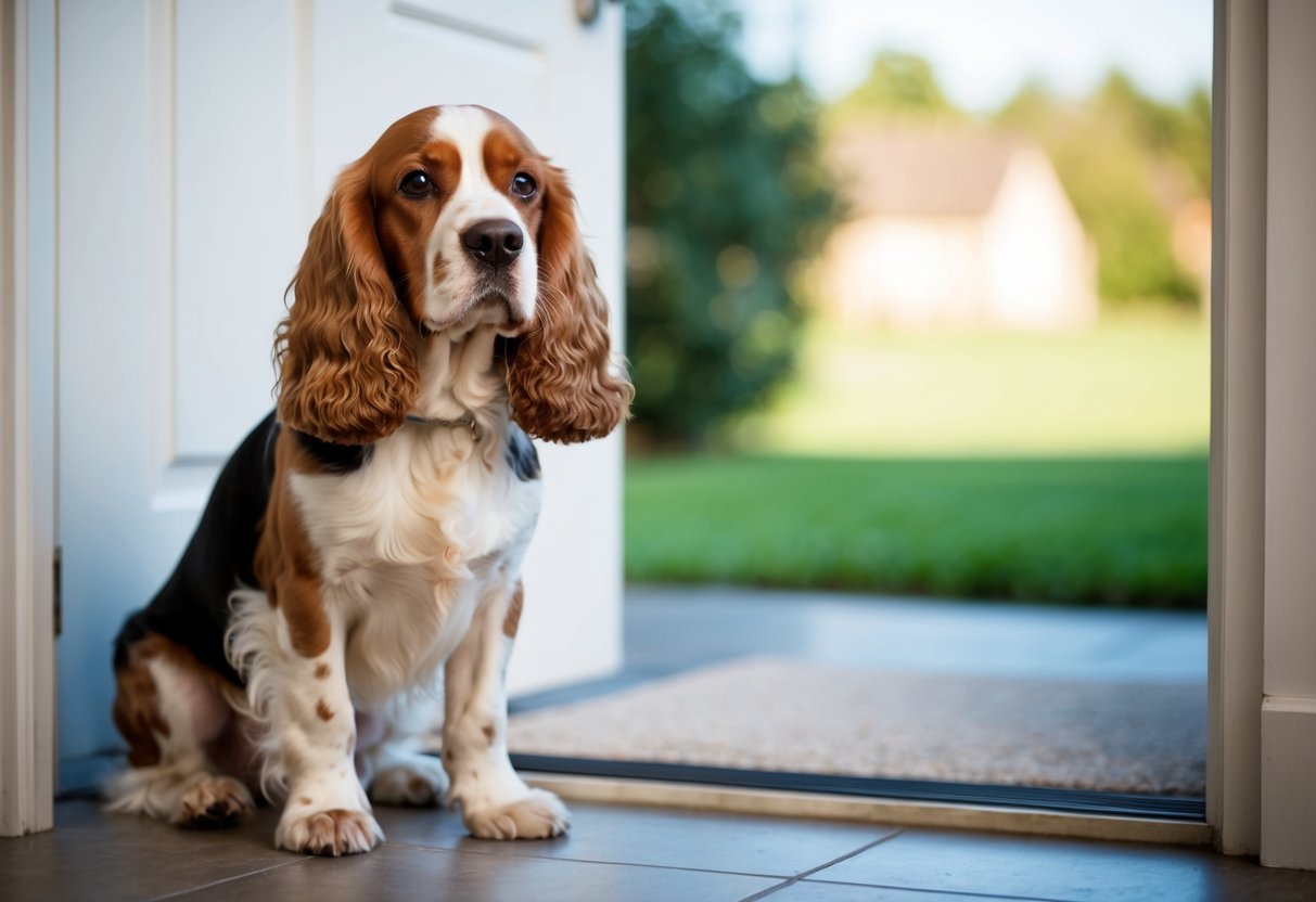 A cocker spaniel sitting alone by the door, looking forlorn as its owner leaves for the day