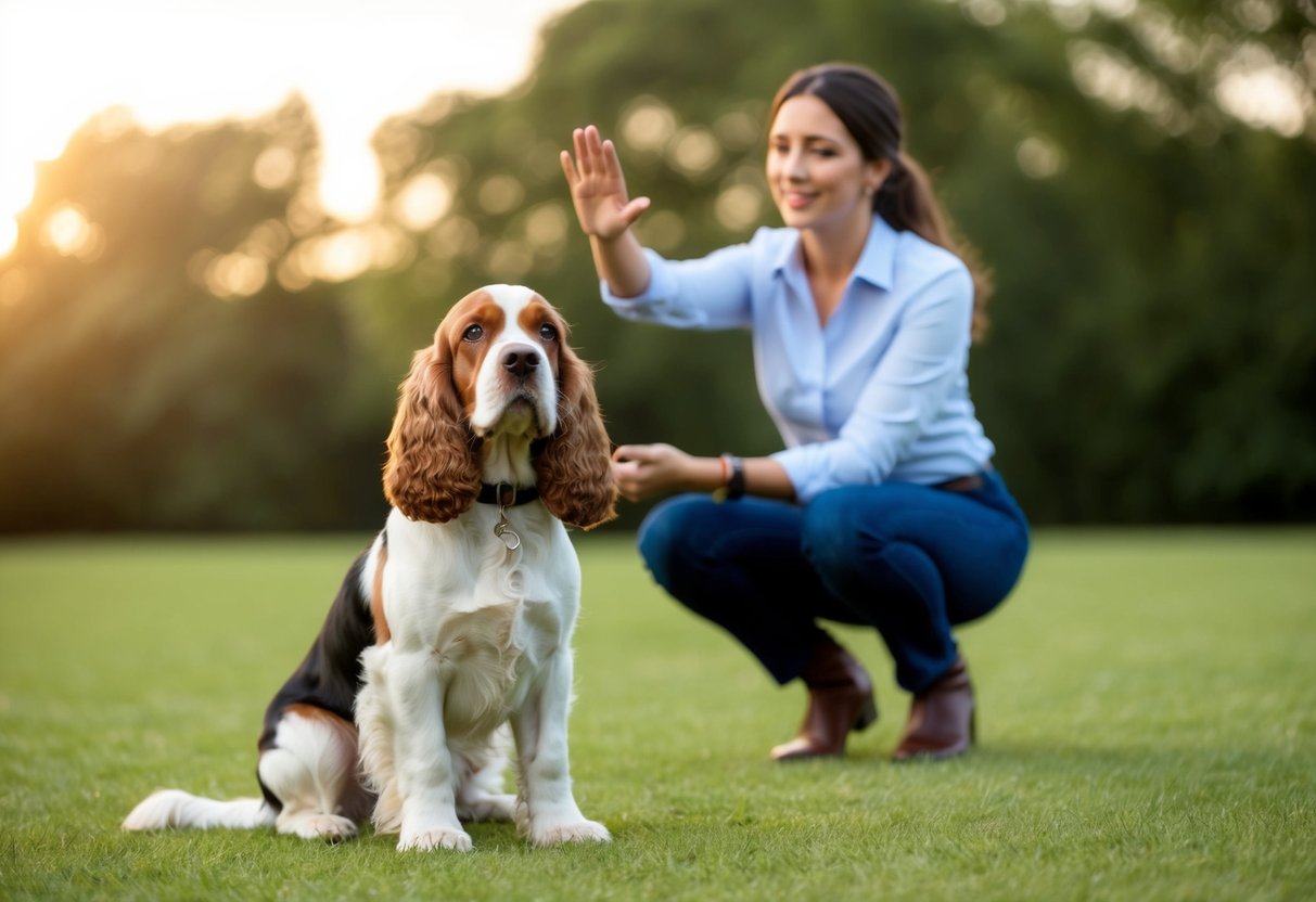 A cocker spaniel obediently sits and stays while its owner gives a command, showcasing the breed's trainability