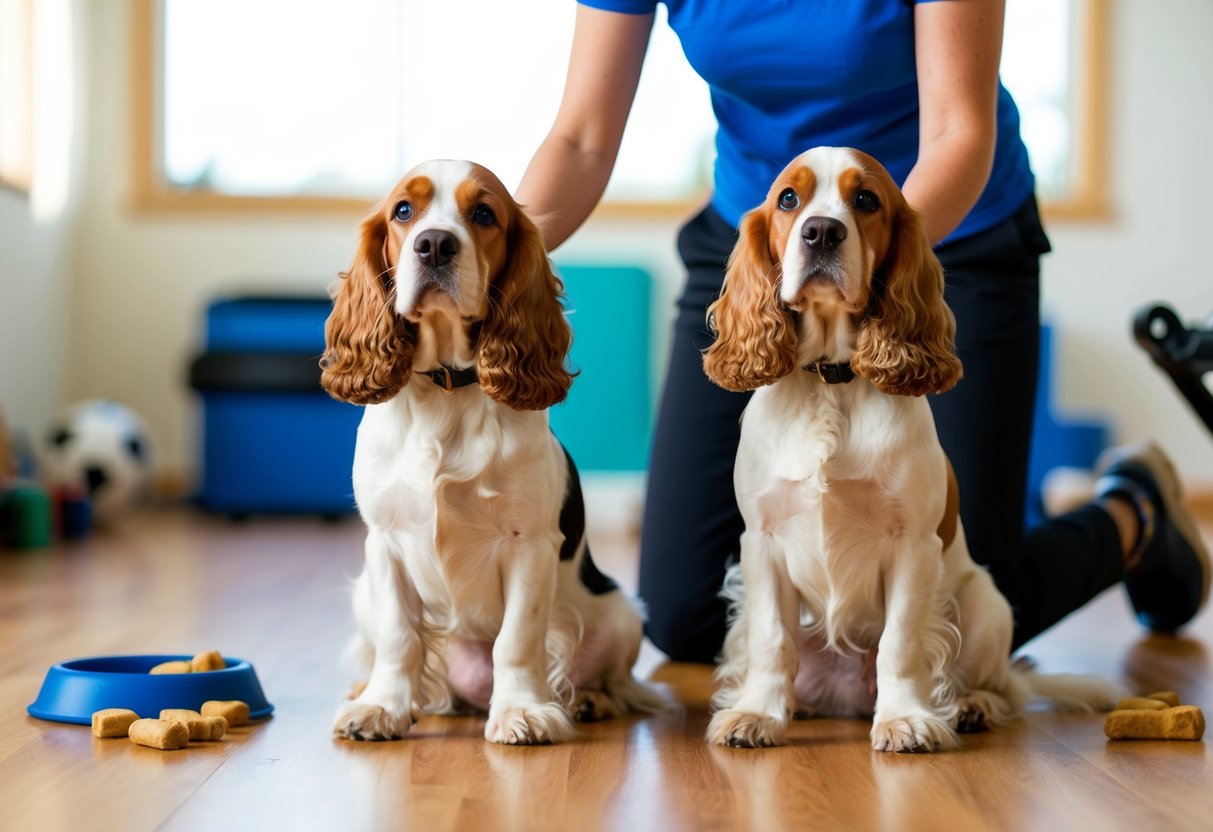 Two cocker spaniels sit obediently during a training session, focused on their trainer. The room is filled with training equipment and treats