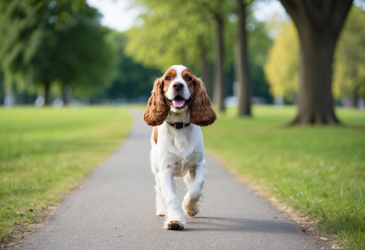 A cocker spaniel walking along a path in a green park, with trees and grass in the background, looking happy and energetic