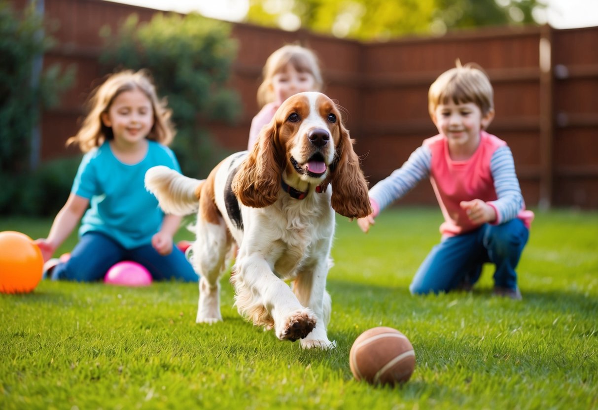 A working cocker spaniel plays happily with children in a backyard, wagging its tail and fetching a ball