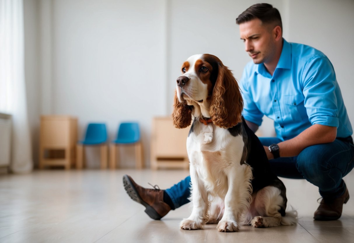 A cocker spaniel sitting and attentively listening to its owner's commands during a training session in a spacious, well-lit room