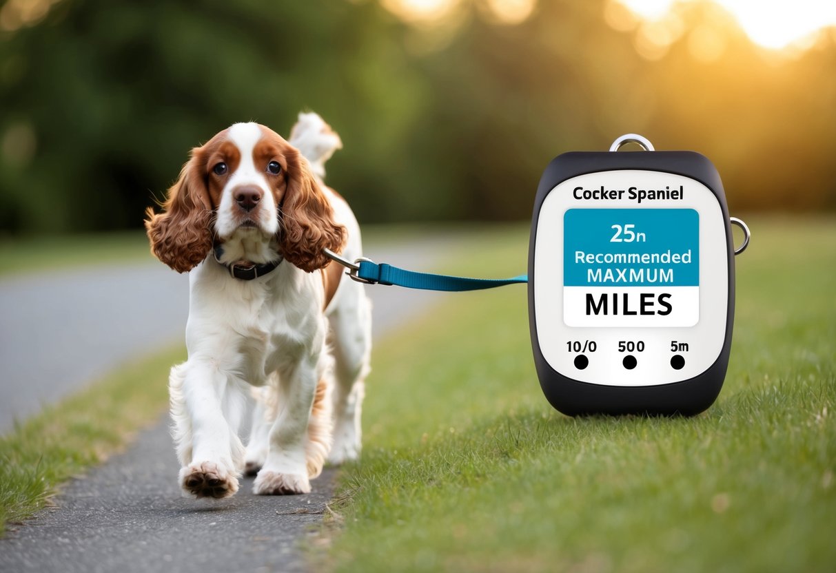 A cocker spaniel walking on a leash with a distance tracker showing a recommended maximum miles for their breed