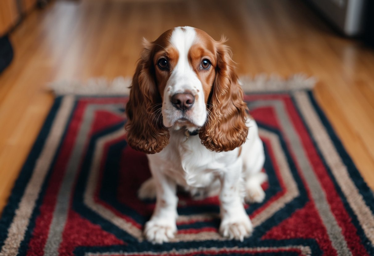 A cocker spaniel sitting on a rug, gazing directly at the viewer with a curious and attentive expression