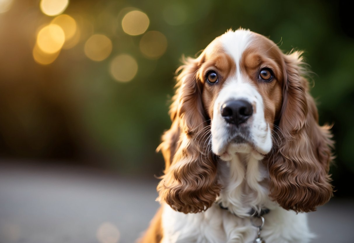 A Cocker Spaniel stares intently, head slightly tilted, with bright, curious eyes, ears perked up, and tail wagging gently