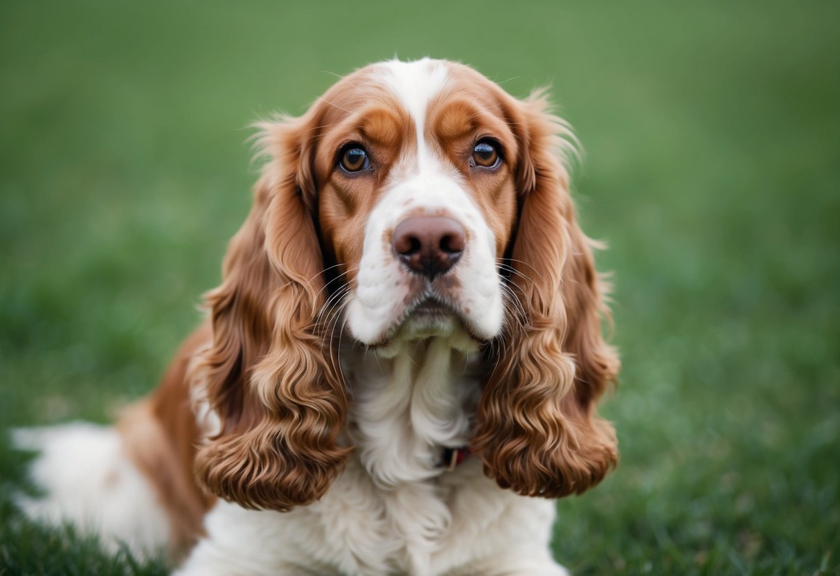 A cocker spaniel sits with a curious gaze, head tilted slightly, looking directly at the viewer with a gentle expression