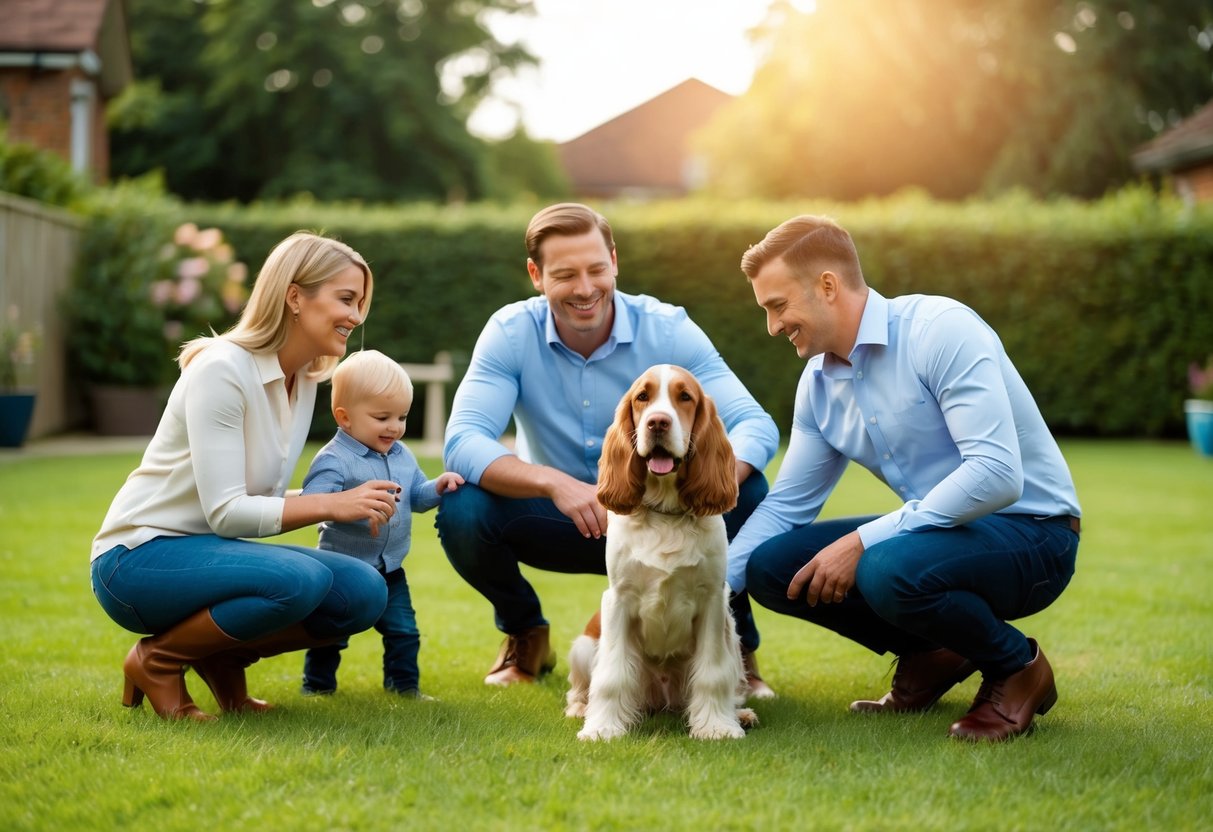 A happy family playing with a friendly working cocker in a spacious backyard