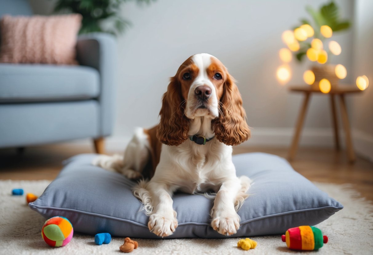 A cocker spaniel sitting calmly on a soft cushion with a peaceful expression, surrounded by toys and treats