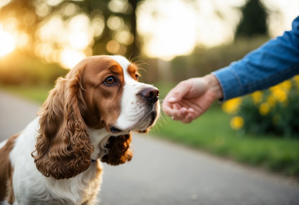 A cocker spaniel gazes intently at its owner, tail wagging eagerly