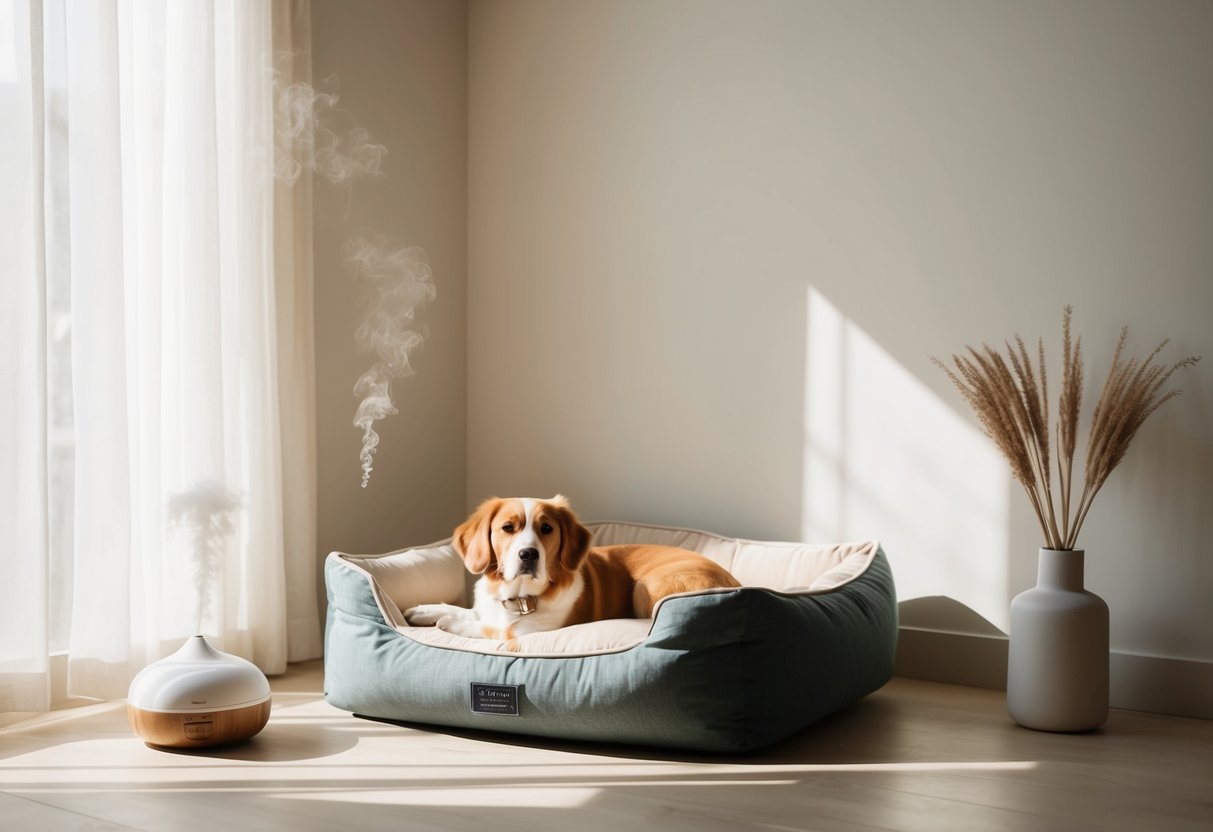 A peaceful, sunlit room with soft, neutral colors. A cozy dog bed sits in the corner, surrounded by soothing music and a diffuser emitting calming scents