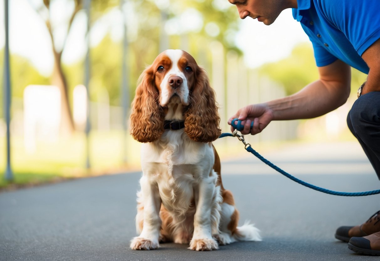 A calm cocker spaniel sitting attentively while its owner uses positive reinforcement and gentle commands during training