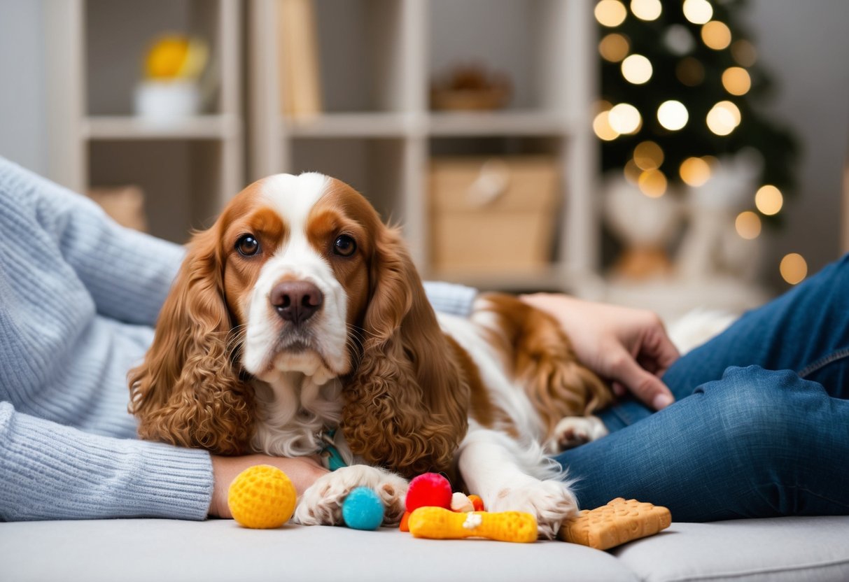A calm cocker spaniel lying down next to its owner, surrounded by toys and treats