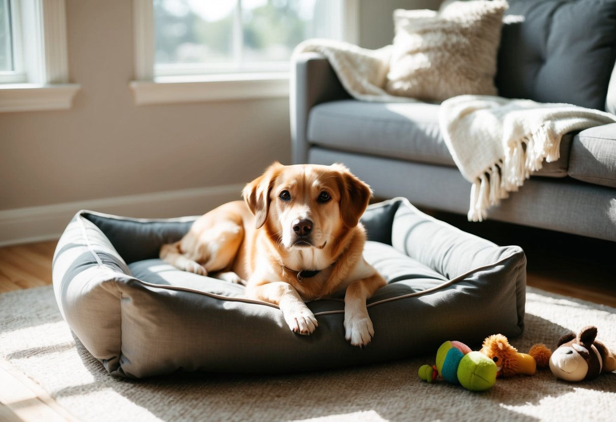A cozy dog bed in a sunlit corner of a living room, adorned with a soft blanket and a few favorite toys scattered nearby
