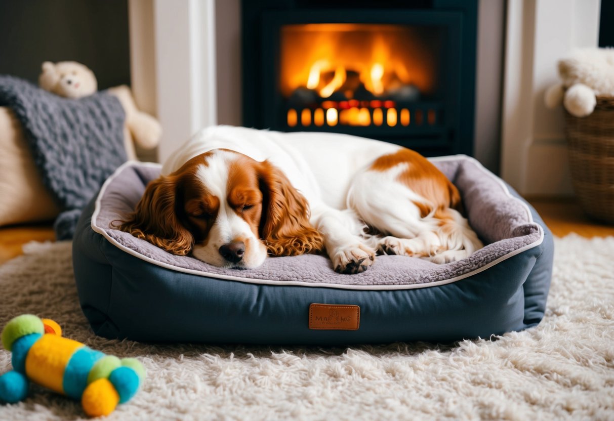 A Cocker Spaniel sleeps peacefully on a cozy dog bed next to a warm fireplace, surrounded by soft blankets and toys