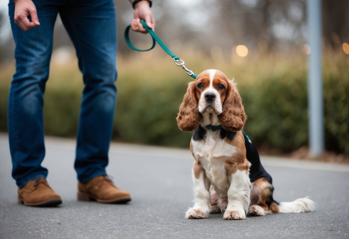 A cocker spaniel sits stubbornly on a leash, ears drooping, as its owner tries to coax it to walk. The dog's tail is tucked between its legs, and it looks anxious