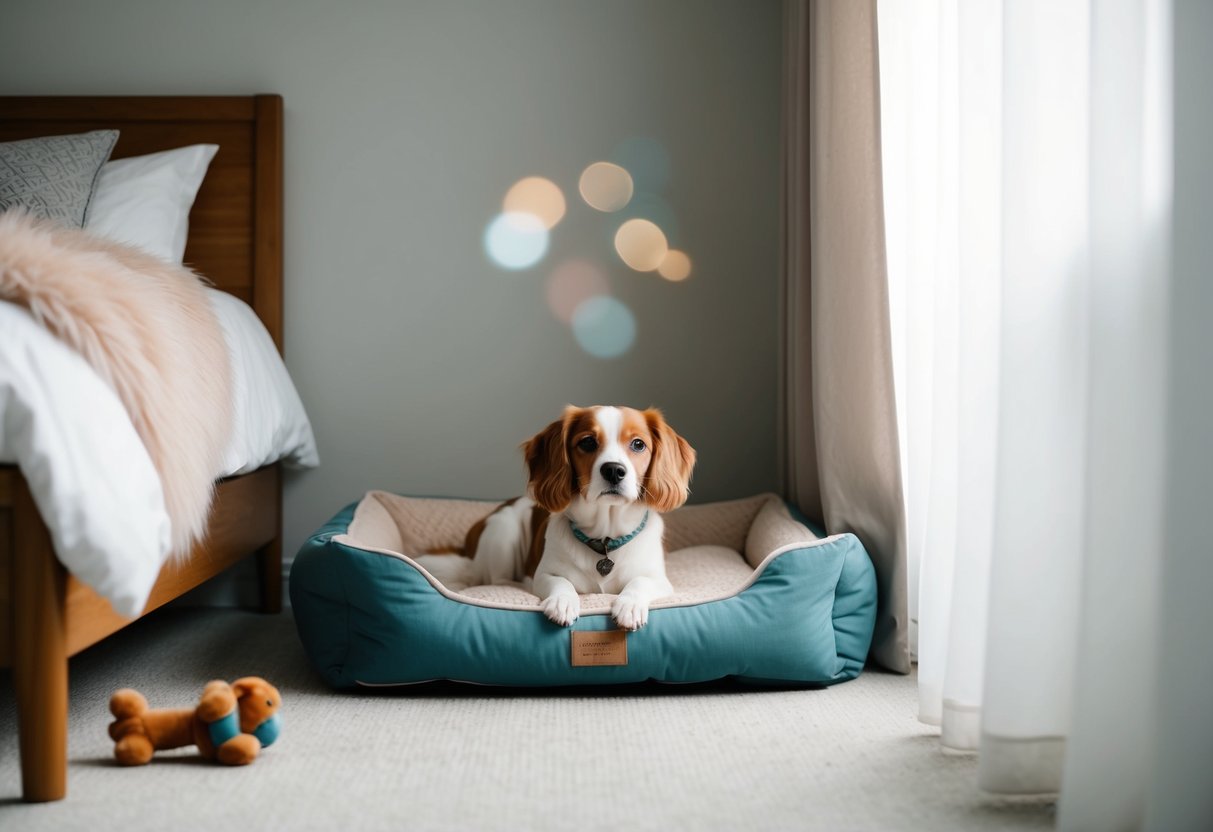 A cozy dog bed in a quiet corner of the bedroom, with a fluffy blanket and a favorite toy nearby