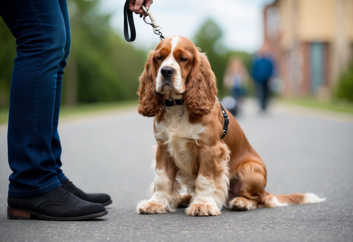 A cocker spaniel sits stubbornly on a leash, ears drooping, as its owner tries to coax it into walking. The dog's body language conveys reluctance and discomfort