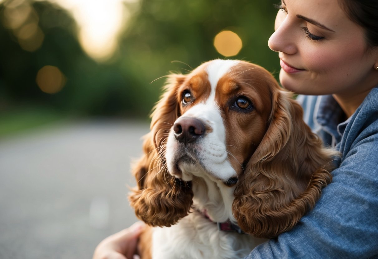 A cocker spaniel nuzzles up to a person, gazing up with adoring eyes