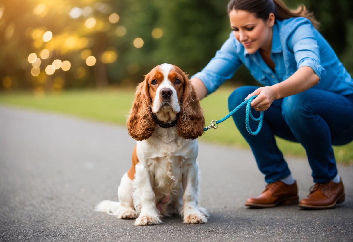 A cocker spaniel sits stubbornly on a leash, ears drooping, as its owner tries to coax it forward with treats and praise