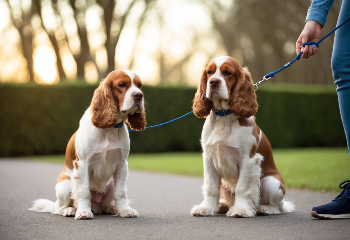 A cocker spaniel sits stubbornly on a leash, ears drooping, as its owner tries to coax it forward with a treat
