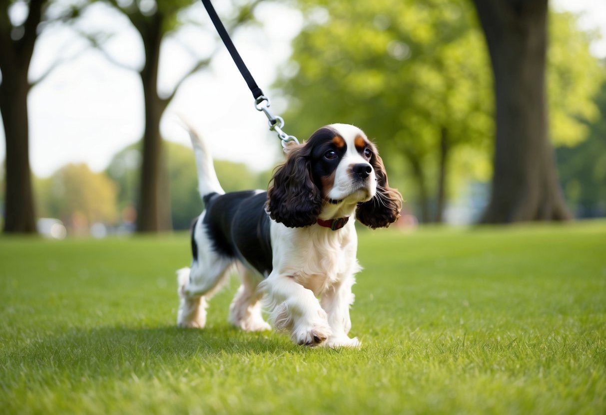 A 3-month-old cocker spaniel walking on a leash in a grassy park with trees in the background