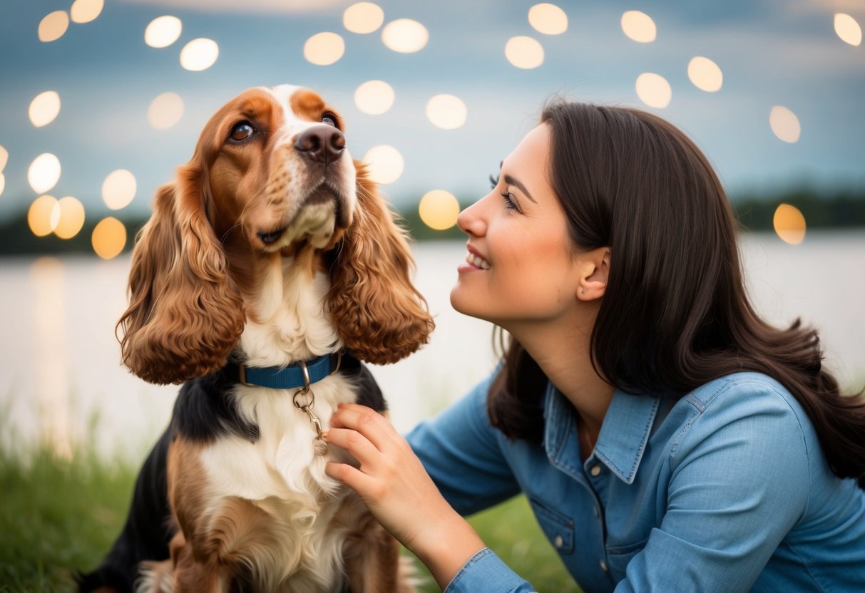 A cocker spaniel sitting by the side of a person, looking up at them with adoring eyes, while the person pets and interacts with the dog