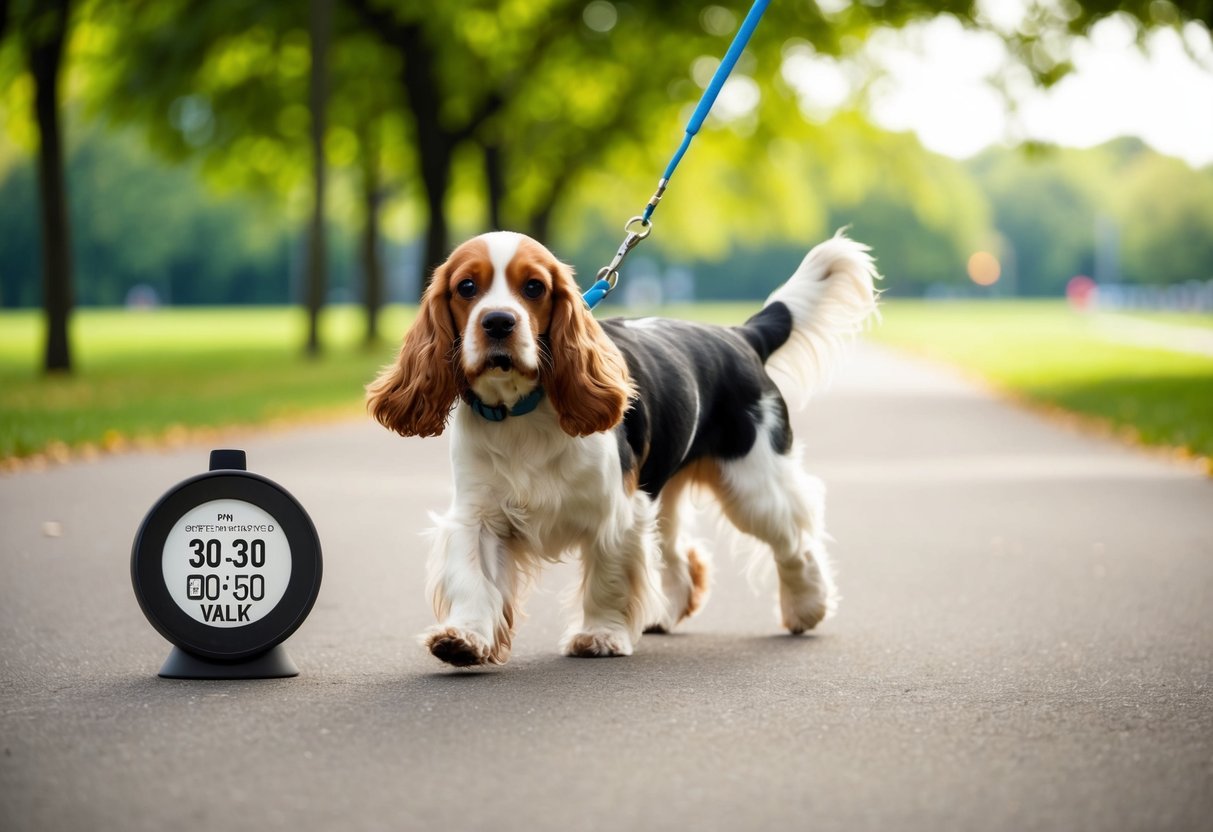 A 3-month-old cocker spaniel walking on a leash in a park with a timer showing a 30-minute walk