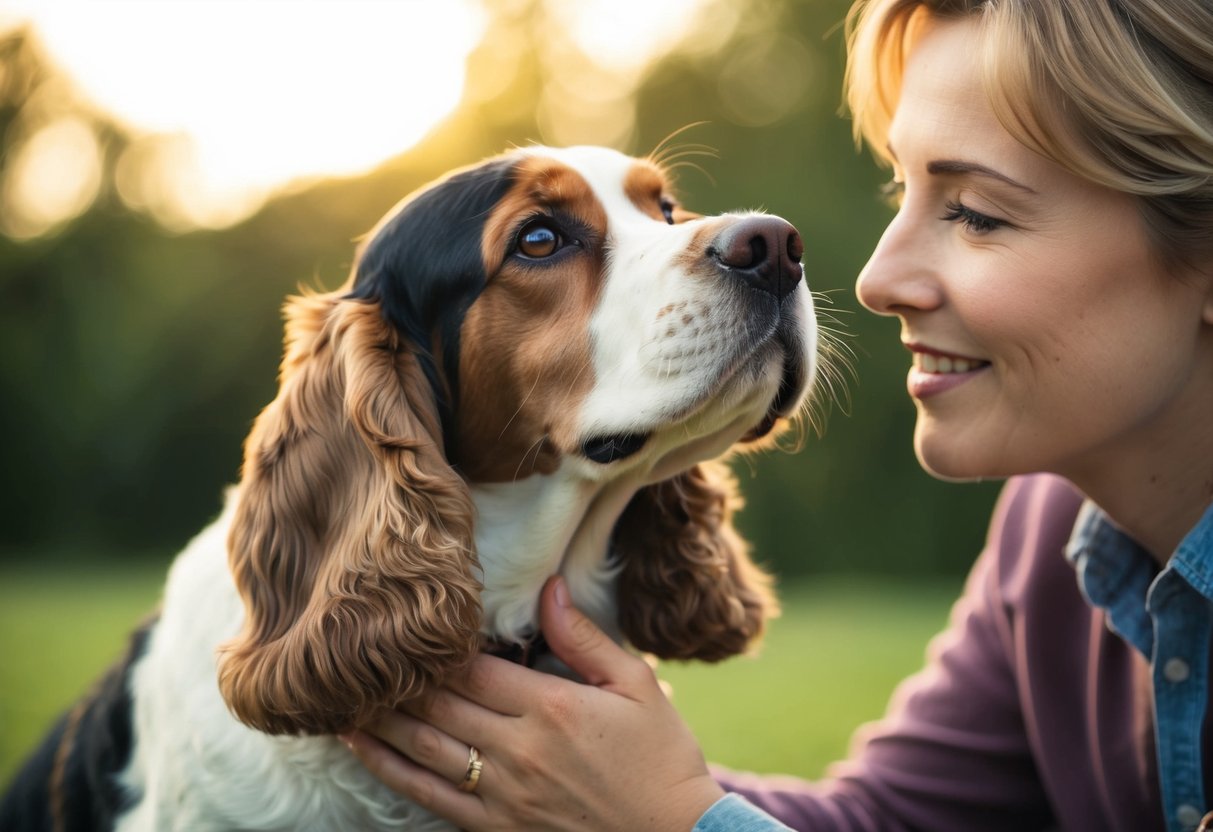 A cocker spaniel nuzzles close to a person, gazing up with adoring eyes, while the person gently strokes the dog's fur