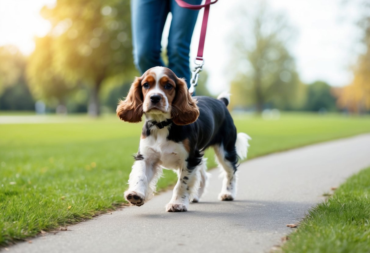 A 3-month-old cocker spaniel walking on a leash in a safe, open park setting with a clear path and no potential hazards