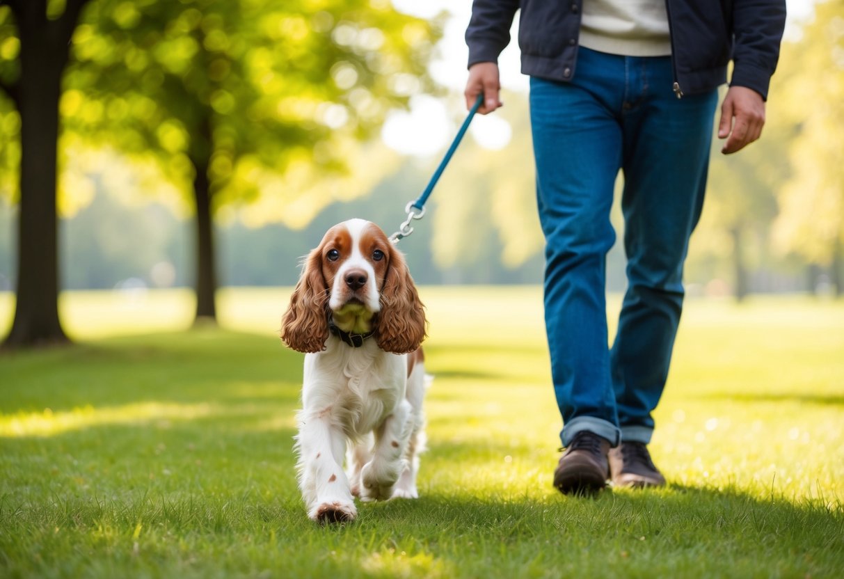 A 3-month-old cocker spaniel walks alongside its owner in a peaceful park setting, enjoying the fresh air and sunshine