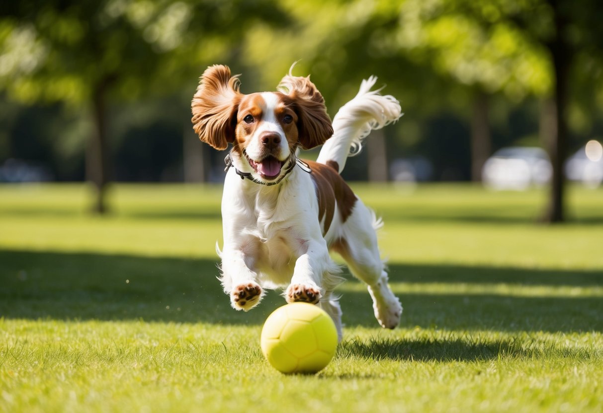 A cocker spaniel playfully chasing a ball in a sunny park