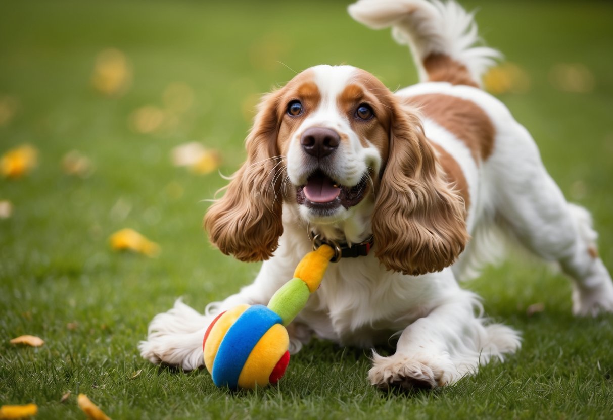 A Cocker Spaniel happily plays with a toy, wagging its tail and looking up with a friendly expression