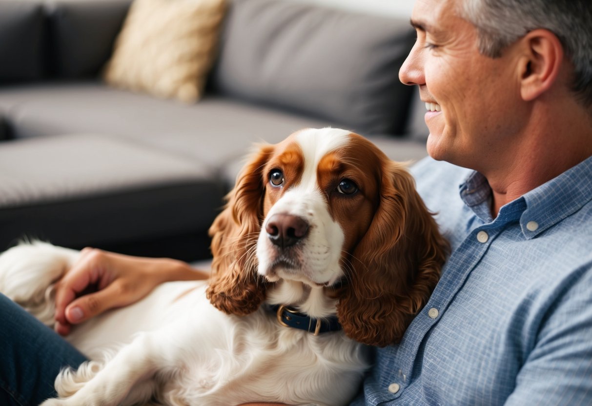 A cocker spaniel lounges contentedly, wagging its tail and gazing up at its owner with adoring eyes
