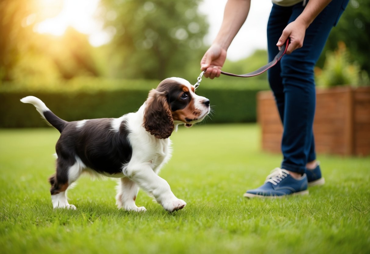 A cocker spaniel puppy being gently led outside to a grassy area by a person
