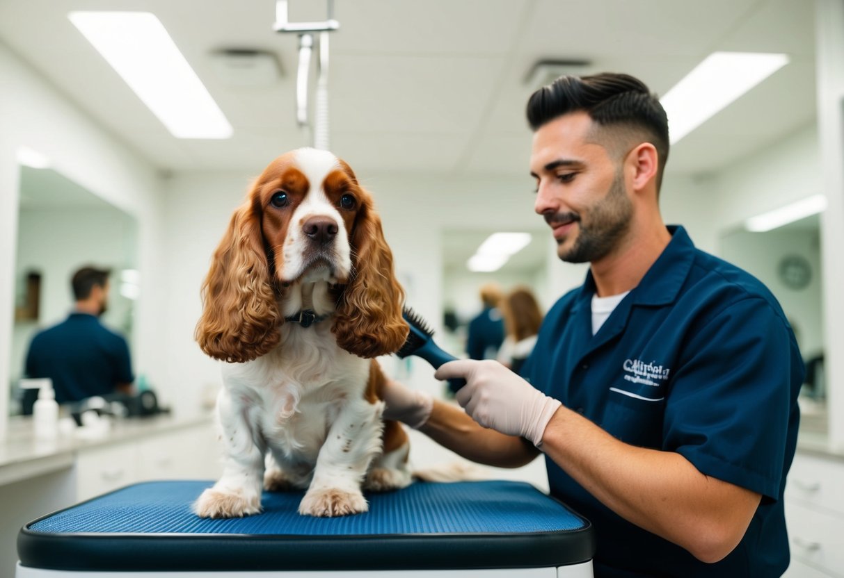 A cocker spaniel with a wagging tail sits calmly as a groomer brushes its shiny coat in a bright, tidy grooming salon