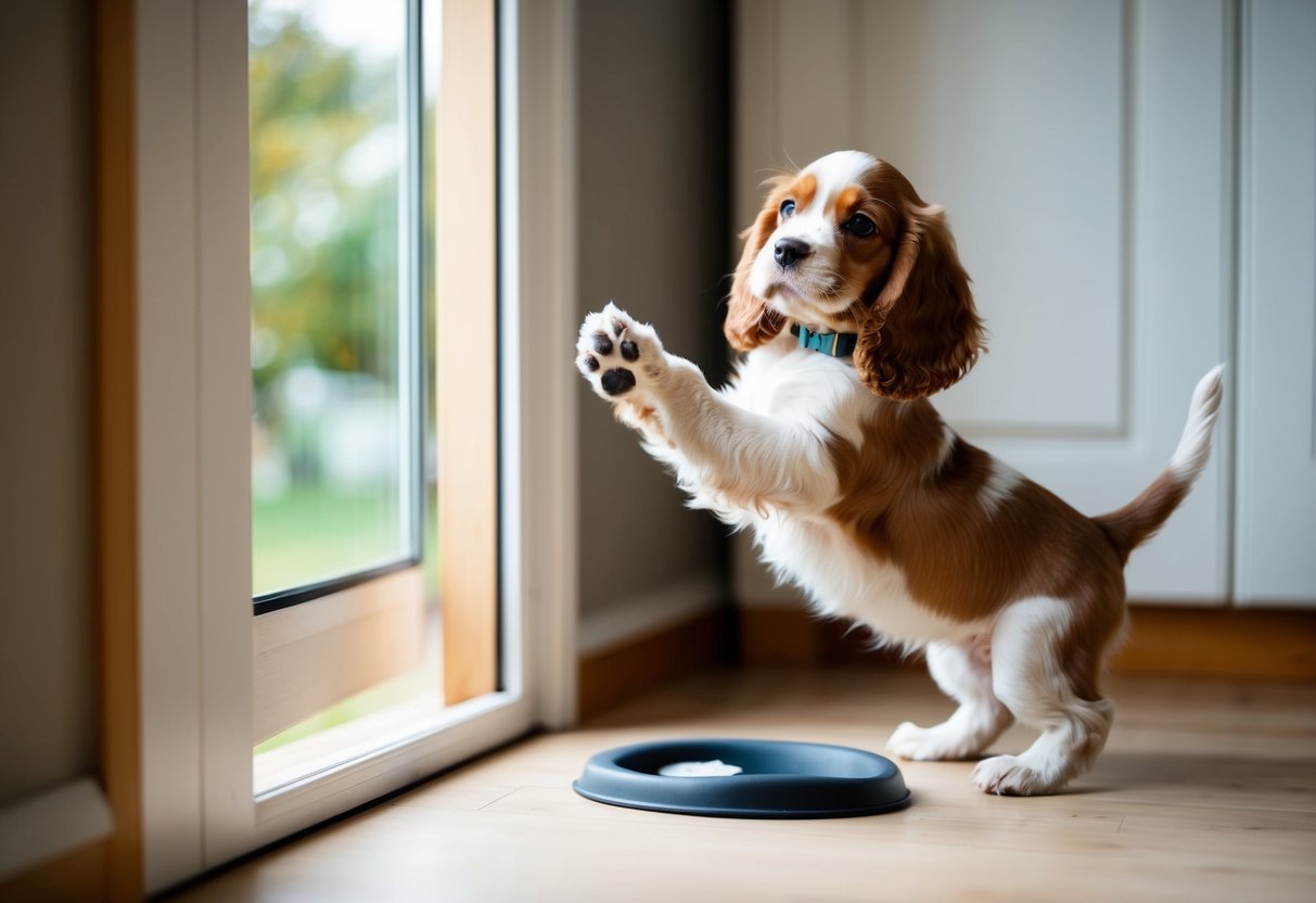 A cocker spaniel puppy standing by the door, pawing at it to indicate the need to go outside. A puppy pad in the corner remains untouched