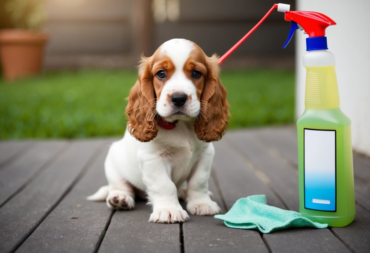 A cocker spaniel puppy is being taken outside frequently and rewarded for peeing outdoors, while indoor accidents are promptly cleaned with enzyme-based cleaner