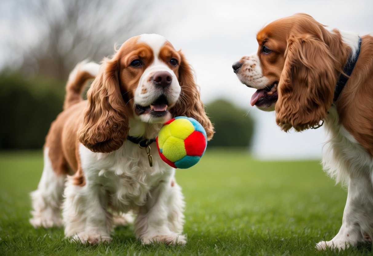 A cocker spaniel growls and guards a toy from another dog, displaying possession aggression