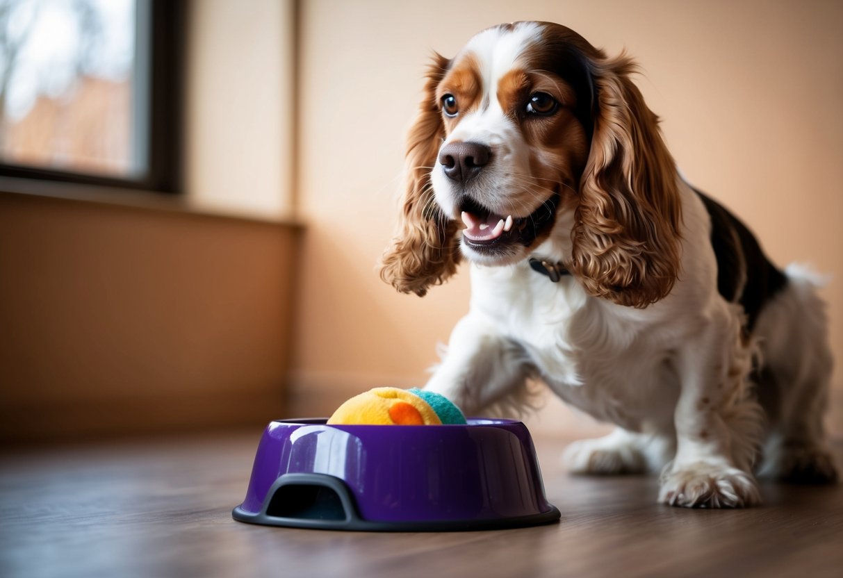 A cocker spaniel guarding a toy or food bowl aggressively, with a tense body posture and snarling expression