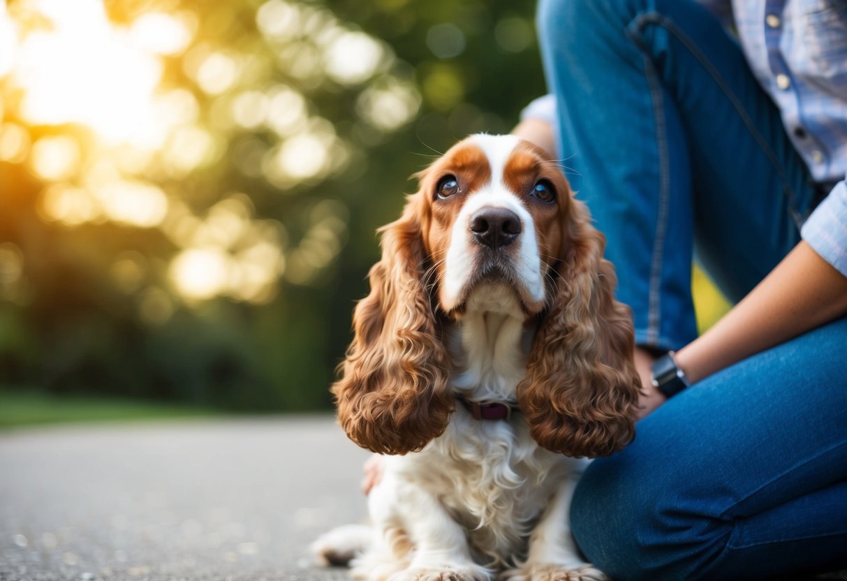 A cocker spaniel sits at the feet of a person, gazing up with adoring eyes