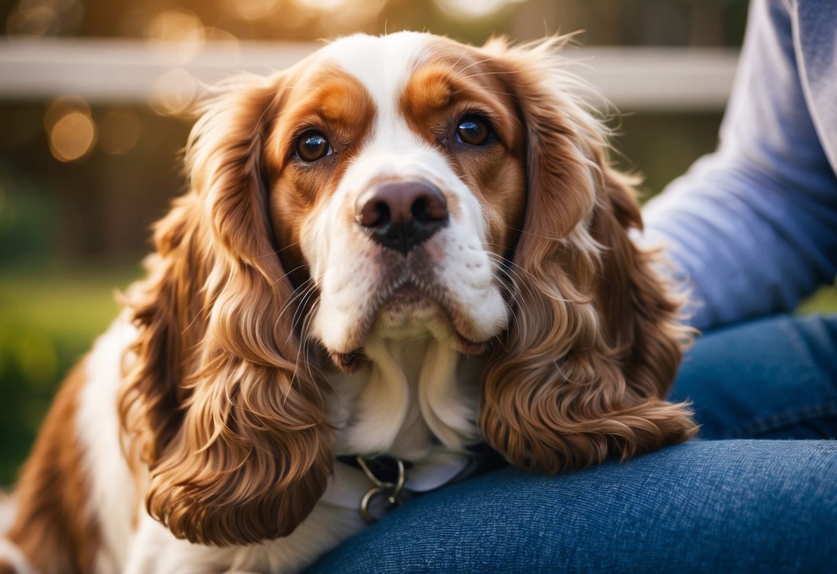 A Cocker Spaniel gazes up at a person with adoring eyes, while leaning against their leg for comfort and security