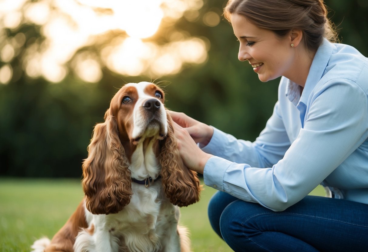 A Cocker Spaniel sitting by the side of a person, gazing up at them with adoring eyes, while the person pets the dog's head affectionately